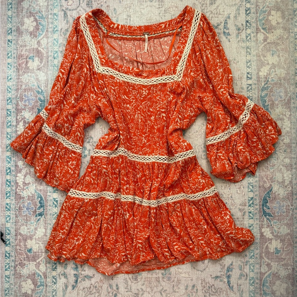 Free People Orange Floral Boho Dress with Lace Trim